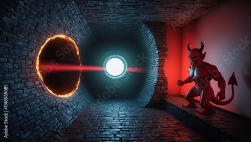 Flying through fiery tunnel toward giant devil