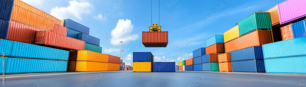 Fototapeta premium A vibrant shipping yard filled with colorful containers under a clear blue sky.