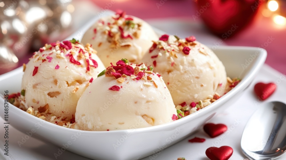 Creamy Vanilla Ice Cream With Nuts and Petals on Romantic Table Creamy Vanilla Ice Cream With Nuts and Petals on Romantic Table