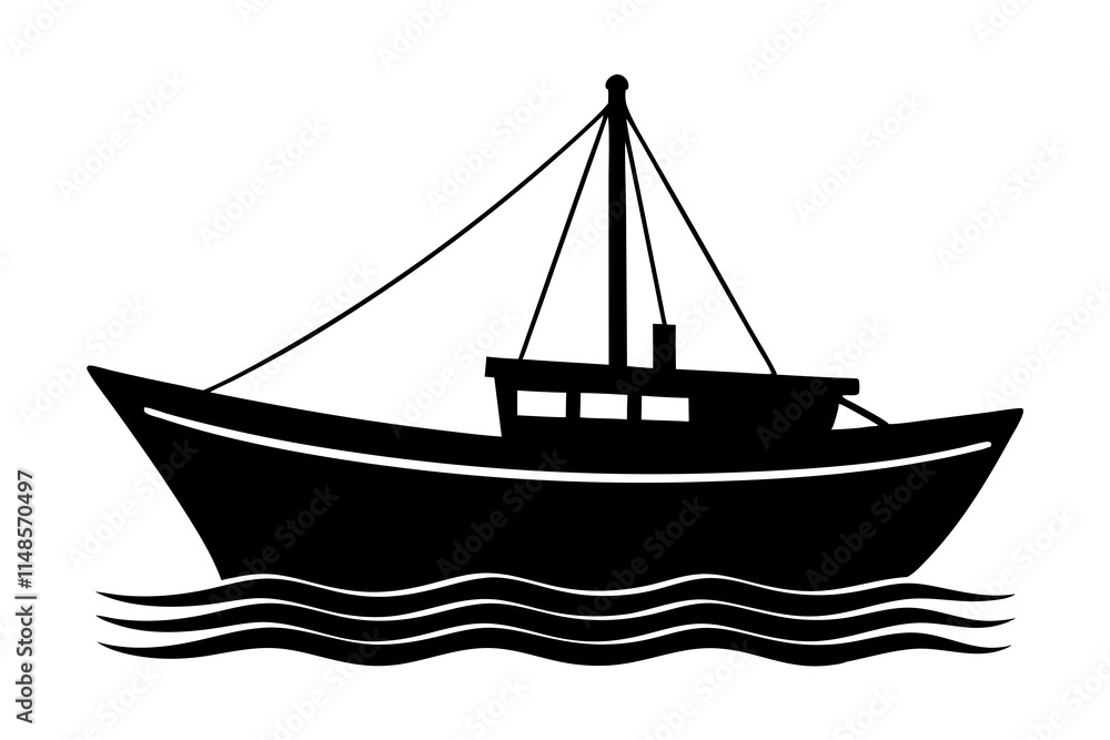 A boat on the ocean flat vector art silhouette illustration on white background A boat on the ocean flat vector art silhouette illustration on white background