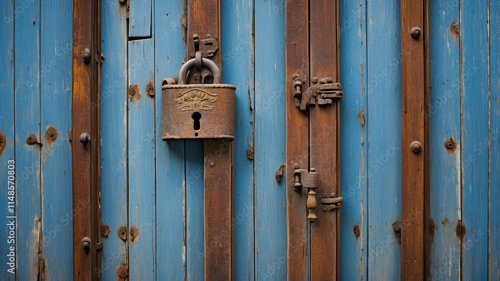 Blue padlock on a wooden door with rusty hinges; wooden door, old door, vintage. Blue padlock on a wooden door with rusty hinges; wooden door, old door, vintage.