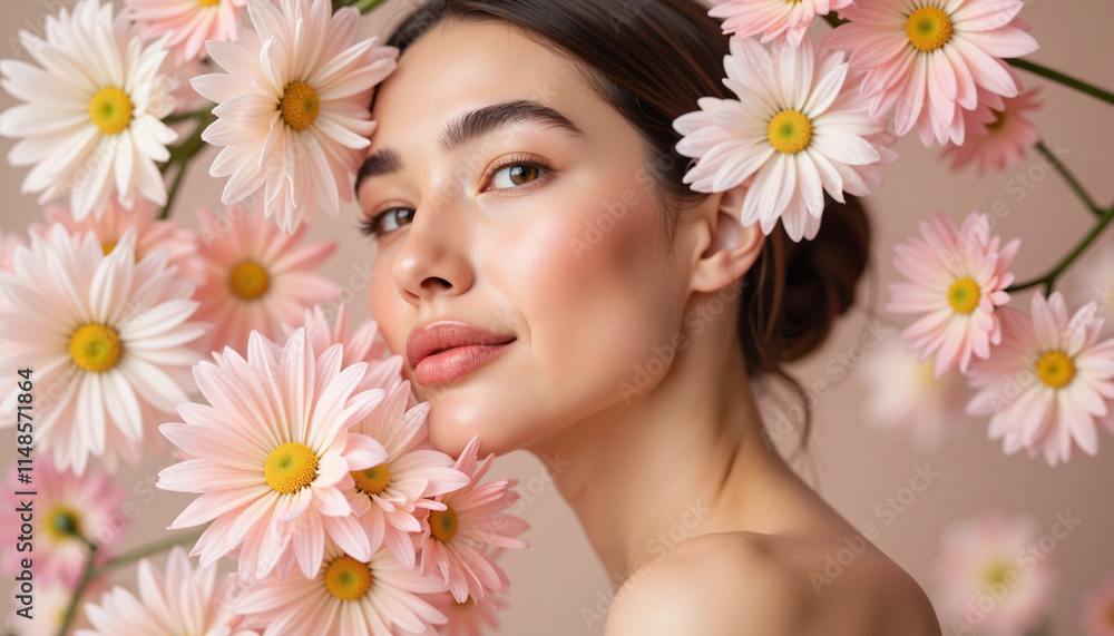 Beautiful young woman with natural makeup surrounded by pink daisies, celebrating femininity and springtime, symbolizing International Women's Day Beautiful young woman with natural makeup surrounded by pink daisies, celebrating femininity and springtime, symbolizing International Women's Day
