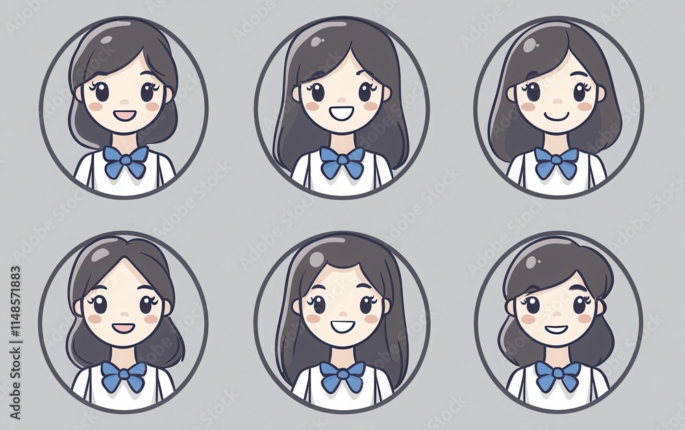 A collection of cute female icons with different facial expressions, depicted in simple line art style. A collection of cute female icons with different facial expressions, depicted in simple line art style.