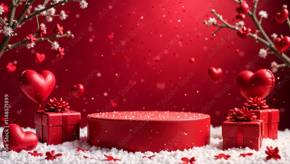 Happy Valentine Day background with cylindrical podium for promotion. Round stage for presentation sale product. Stage pedestal or platform in snow between burgundy hearts, burgundy gift boxes
