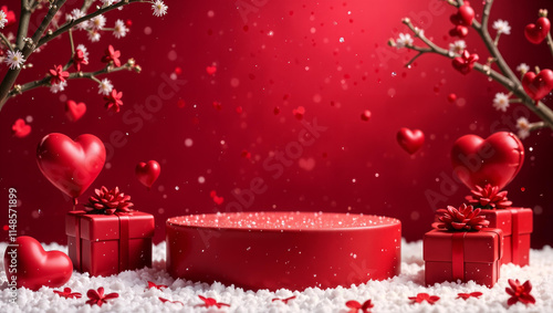Obraz na płótnie Happy Valentine Day background with cylindrical podium for promotion. Round stage for presentation sale product. Stage pedestal or platform in snow between burgundy hearts, burgundy gift boxes w salonie