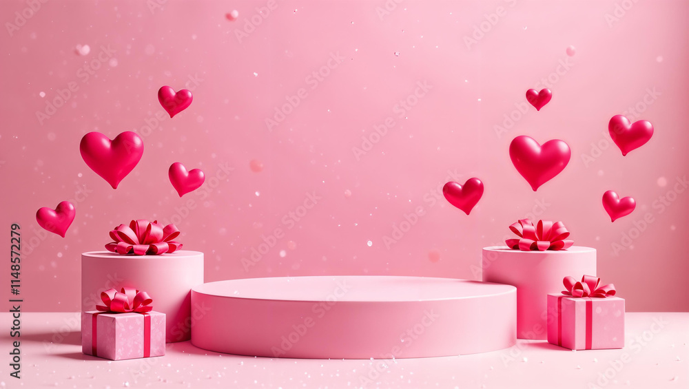 Happy Valentine Day background with cylindrical podium for promotion. Round stage for presentation sale product. Stage pedestal or platform in snow between pink hearts, pink gift boxes
