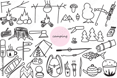 Camping elements set of hand drawn illustrations in doodle style in vector