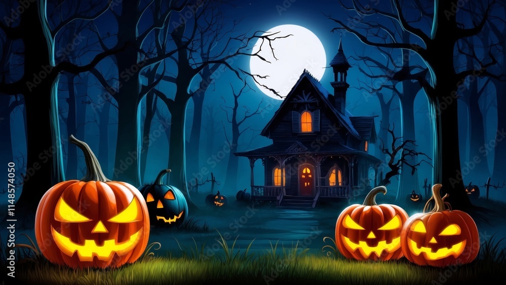 Glowing halloween pumpkins in a haunted forest Glowing halloween pumpkins in a haunted forest