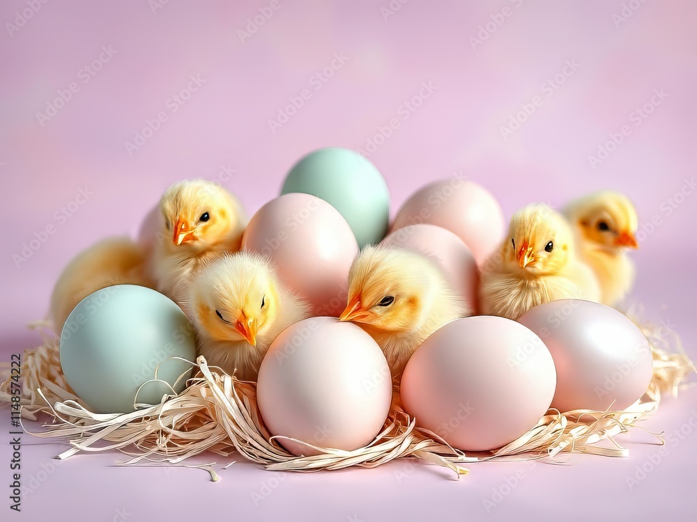 Pastel Easter Eggs & Fluffy Chicks - Whimsical Arrangement Pastel Easter Eggs & Fluffy Chicks - Whimsical Arrangement