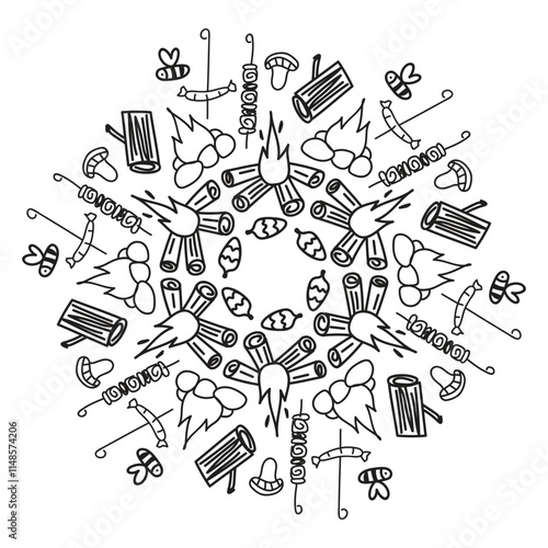 Camping elements set in round ornament