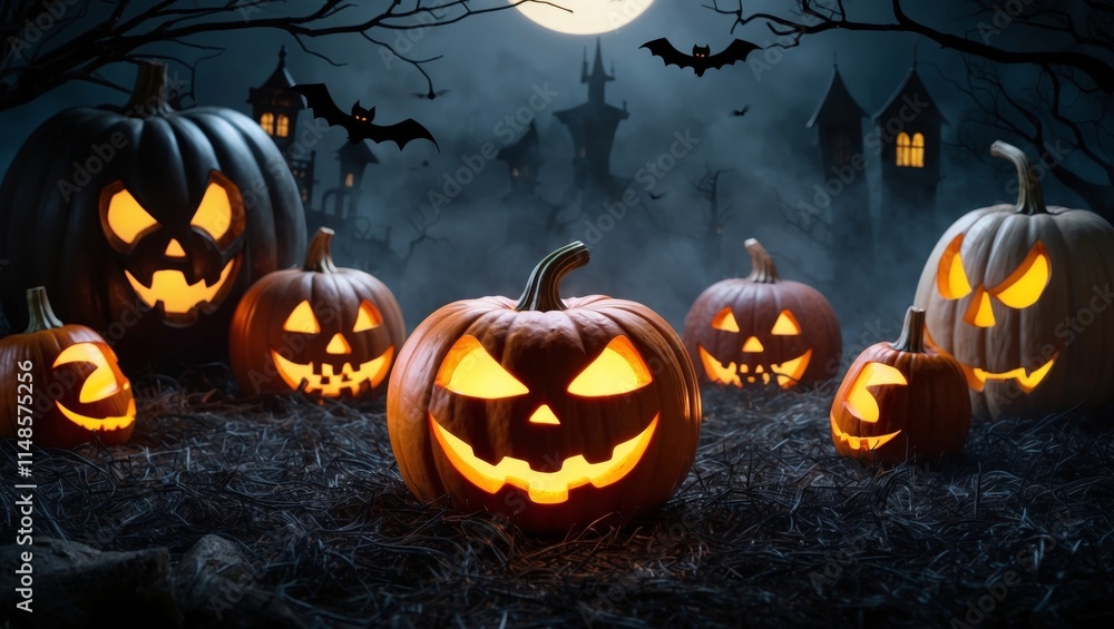 Glowing pumpkin in a spooky halloween scene Glowing pumpkin in a spooky halloween scene