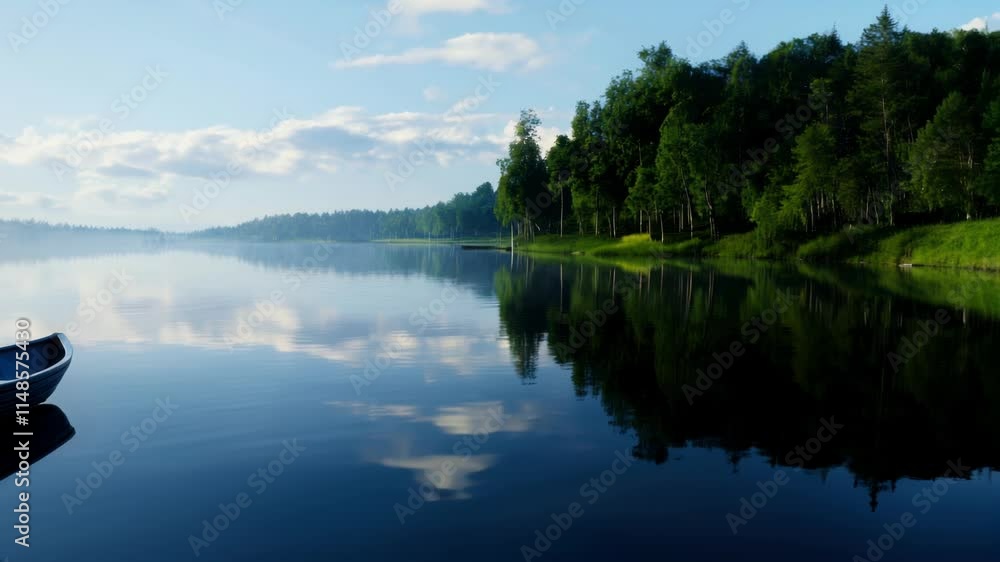 A small wooden rowboat drifts alone on a calm lake surrounded by lush green forests. The early morning light reflects on the water, creating a tranquil atmosphere. A small wooden rowboat drifts alone on a calm lake surrounded by lush green forests. The early morning light reflects on the water, creating a tranquil atmosphere.