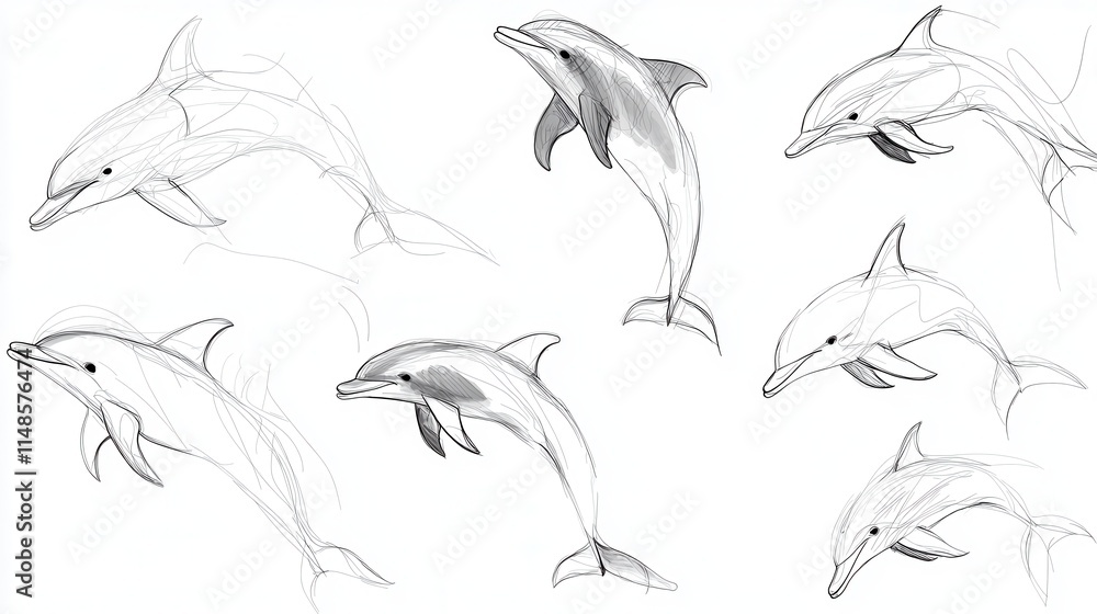 Naklejka premium Hand-Drawn Sketches of Dolphins in Various Poses and Expressions for Creative Projects and Educational Use