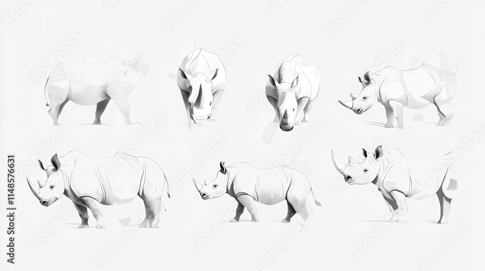 Fototapeta premium Abstract Illustration of a Rhinoceros in Minimalist Black and White Style with Various Poses and Angles