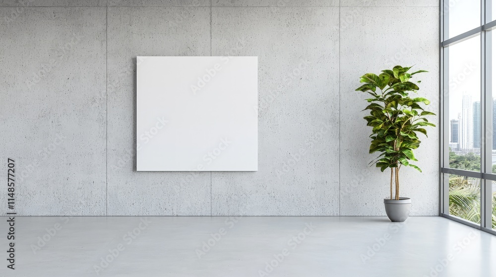 Blank canvas mockup in modern minimalist interior with plant and large window. Blank canvas mockup in modern minimalist interior with plant and large window.