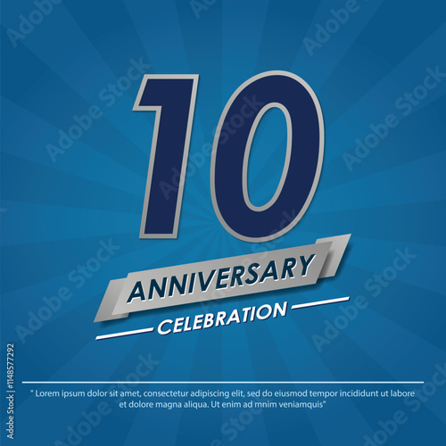 10th years anniversary celebration emblem. elegance anniversary logo isolated with silver ribbon on blue background. vector illustration template design for web, flyers, poster, greeting card