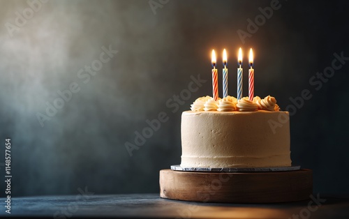 Delicious Birthday Cake with Three Lit Candles photo