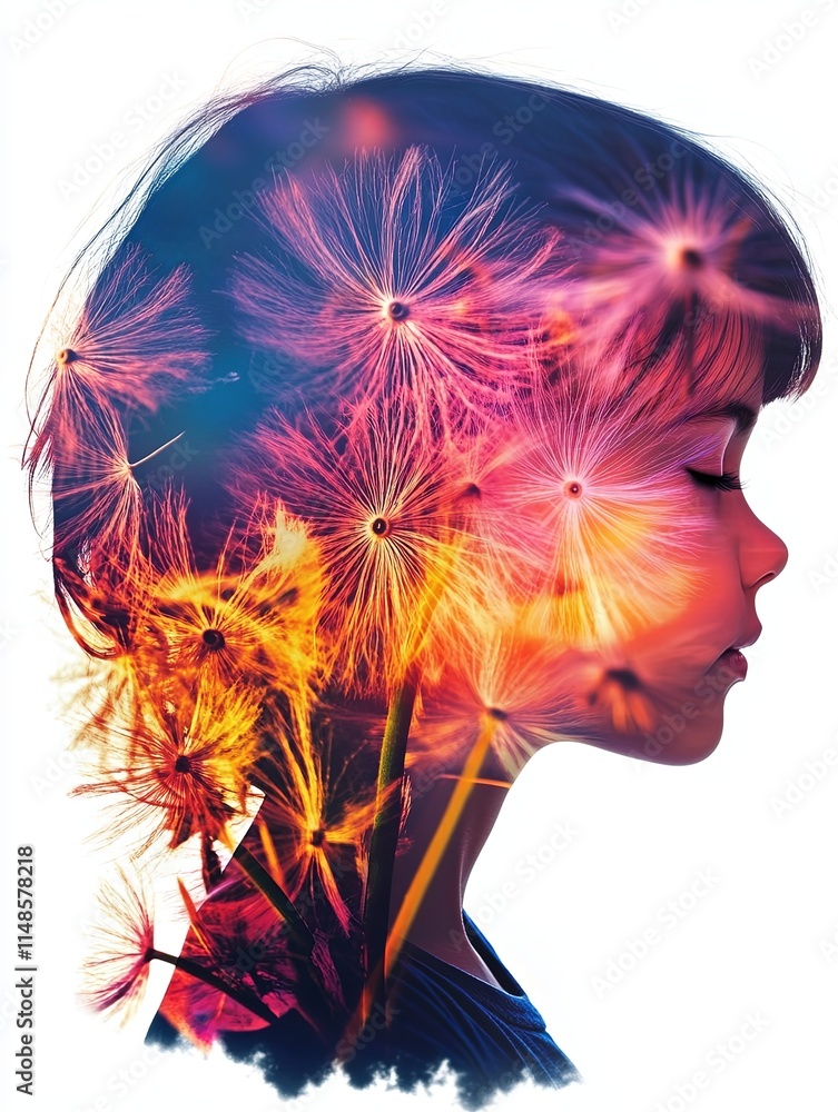 Fototapeta premium Silhouette of a Child with Dandelions in Flight
