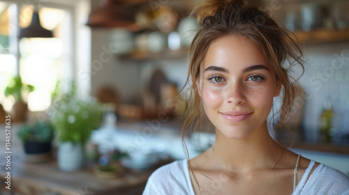 A photographic portrait of a 40-year-old woman, natural and relaxed appearance, wearing casual clothes, with a soft smile and gentle eyes, taken from a straight-on view using a 30mm lens.