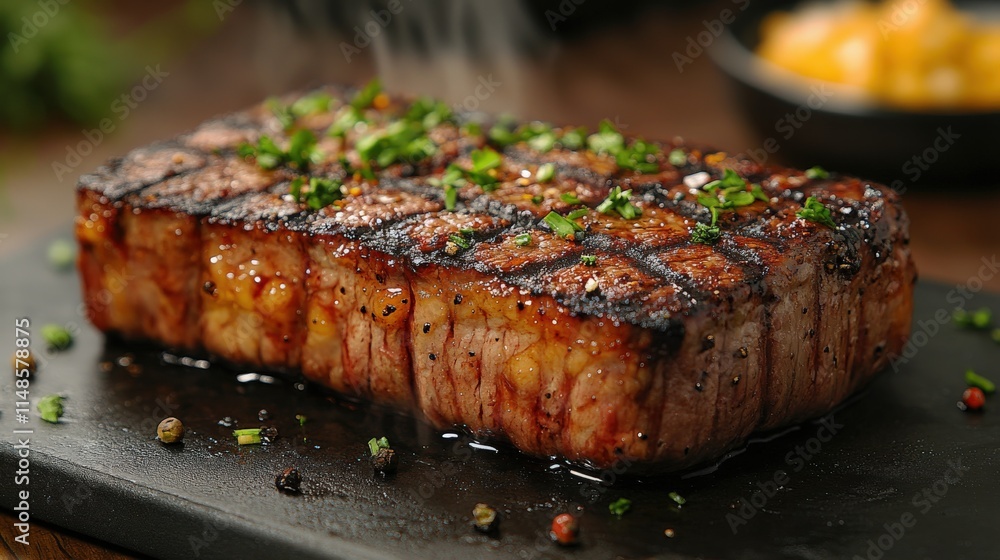 Perfectly seared steak with caramelized edges in a misty ambiance Perfectly seared steak with caramelized edges in a misty ambiance