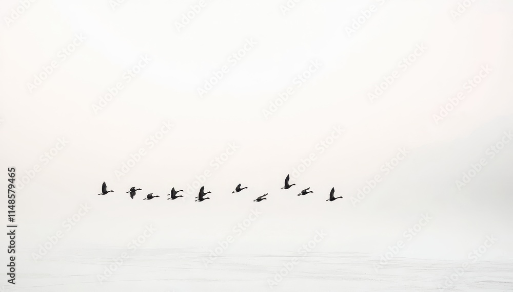 Flock of Birds in Formation Against a Soft Misty Background in Early Morning Light Flock of Birds in Formation Against a Soft Misty Background in Early Morning Light