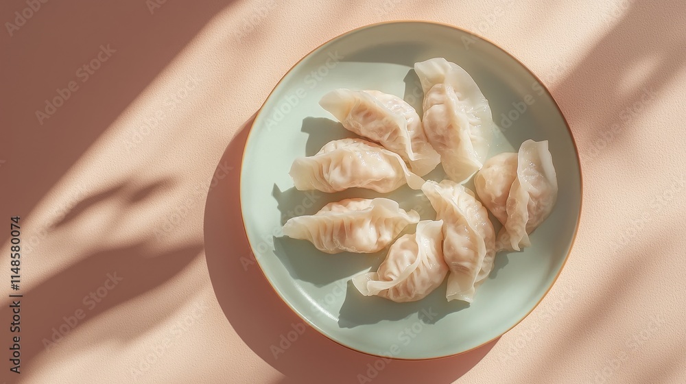 Freshly Made Dumplings Served on a Light Green Plate with Soft Shadows and Elegant Background Freshly Made Dumplings Served on a Light Green Plate with Soft Shadows and Elegant Background