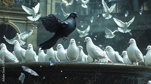 A striking scene of a black bird amidst a flock of white doves, symbolizing contrast and diversity in nature. photo