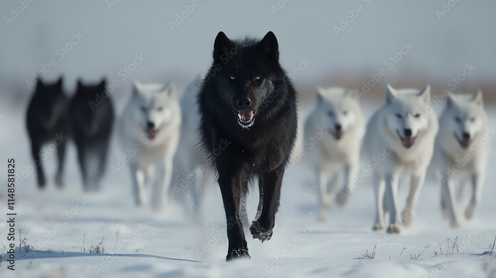 Naklejka premium A striking pack of wolves in winter, with an alpha black wolf leading the group through the snow-covered landscape.