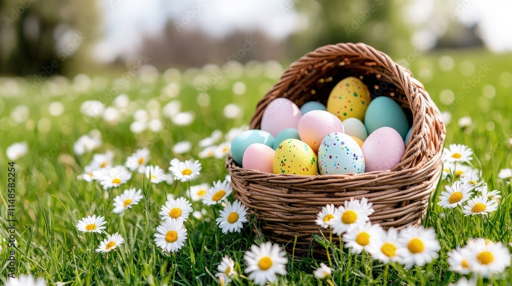 Easter eggs in a wicker basket surrounded by daisies in a field. Easter eggs in a wicker basket surrounded by daisies in a field.