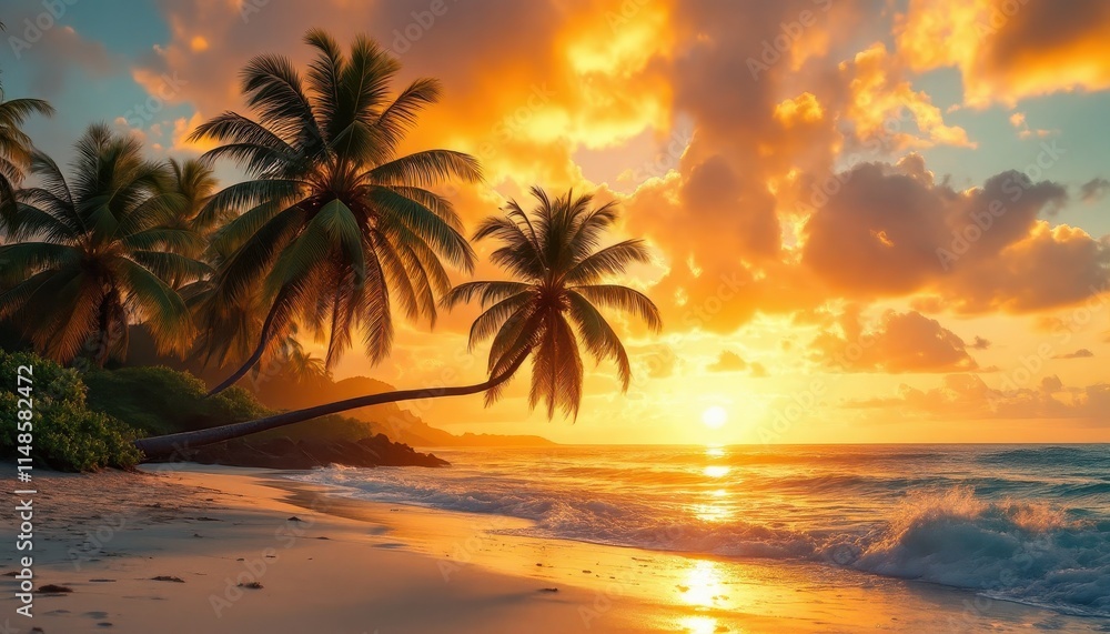 Spectacular Tropical Sunset on Pristine Beach with Palm Trees