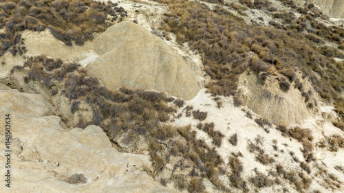 Aerial view of the Calanchi near Pisticci, in the province of Matera, Basilicata, Italy. Calanchi are badlands, a type of dry terrain where sedimentary rocks and clay-rich soils have been eroded away.