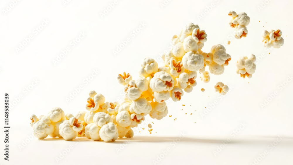 Floating popcorn explosion with dynamic kernels on white background Floating popcorn explosion with dynamic kernels on white background