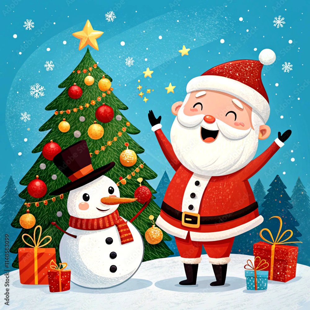 Santa Claus and Snowman with a Christmas Tree and Gift Boxes Santa Claus and Snowman with a Christmas Tree and Gift Boxes