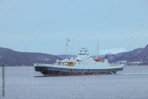 Ferryboat station in harsh winter conditions near Trondheim, Norway, Europe photo