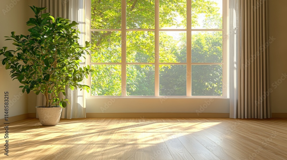 Sunlight streaming through large windows illuminating a cozy indoor space with plants Sunlight streaming through large windows illuminating a cozy indoor space with plants