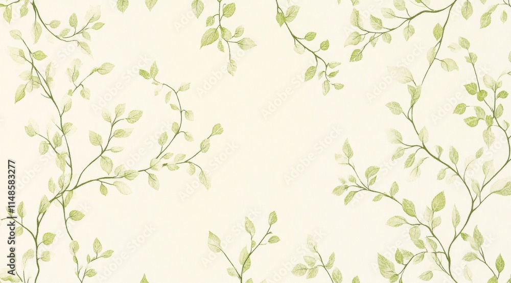 Light green and white pattern with delicate leaves on plant branches, set against a pure cream-colored background. Light green and white pattern with delicate leaves on plant branches, set against a pure cream-colored background.