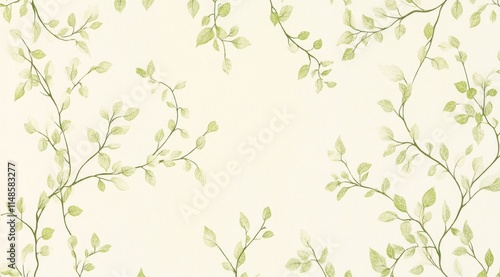 Light green and white pattern with delicate leaves on plant branches, set against a pure cream-colored background.