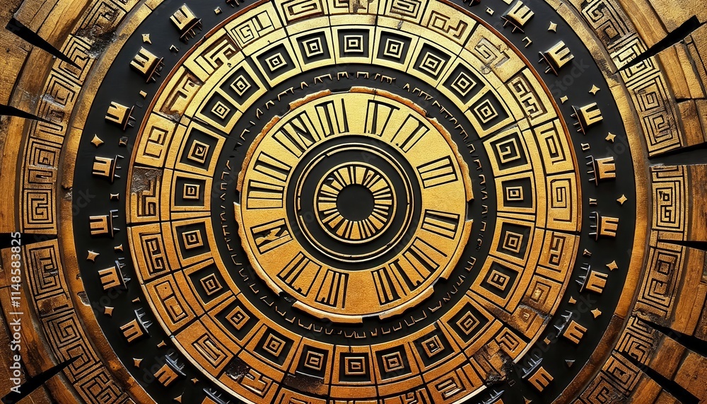 Fototapeta premium Intricate Golden Geometric Mandala Design: Ancient Art Inspired Circular Pattern with Black Background