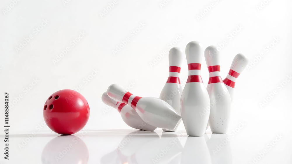 Bowling game with red ball hitting white pins on reflective surface Bowling game with red ball hitting white pins on reflective surface