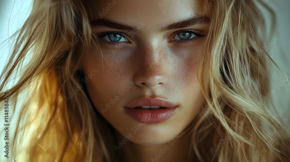 Stunningly beautiful blond closeup portrait, flawless skin and natural makeup, insanely detailed, strong look, generative AI. Stunningly beautiful blond closeup portrait, flawless skin and natural makeup, insanely detailed, strong look, generative AI.