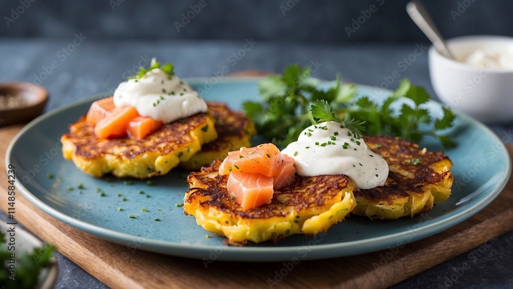 Latkes with salmon and creamy sour cream Latkes with salmon and creamy sour cream