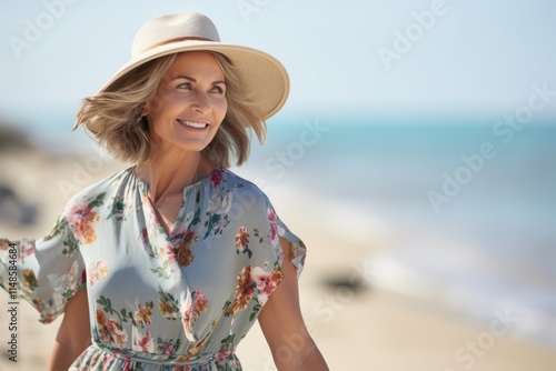 Portrait of happy mature woman in hat and floral dress on beach