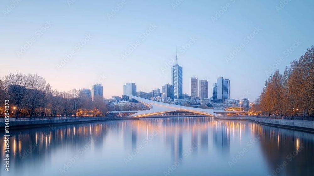 Obraz premium Melbourne city skyline at dusk reflects on calm water. Modern architecture of skyscrapers, striking bridge over river visible. Soft golden light colors sky. Trees line waterfront. Tranquil urban