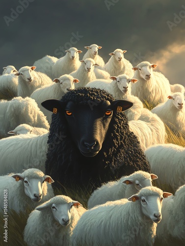 A striking contrast of a black sheep surrounded by white sheep in a serene, natural setting. photo