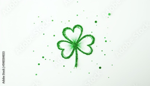 A green glittery shamrock with three leaves is depicted on a white background, surrounded by scattered green glitter dots. This image is relevant to St. Patrick’s Day, symbolizing luck and Irish herit photo