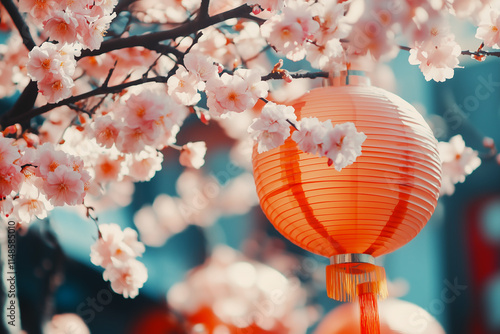 Chinese New year background with Lantern and Cherry blossom tree, flowers