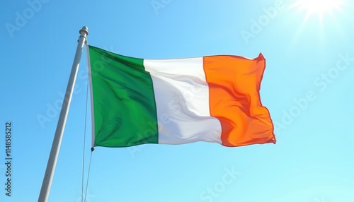 The image shows the flag of Ireland waving against a clear blue sky. The flag has three vertical stripes: green, white, and orange. This image is relevant for St. Patrick’s Day, a cultural and religio