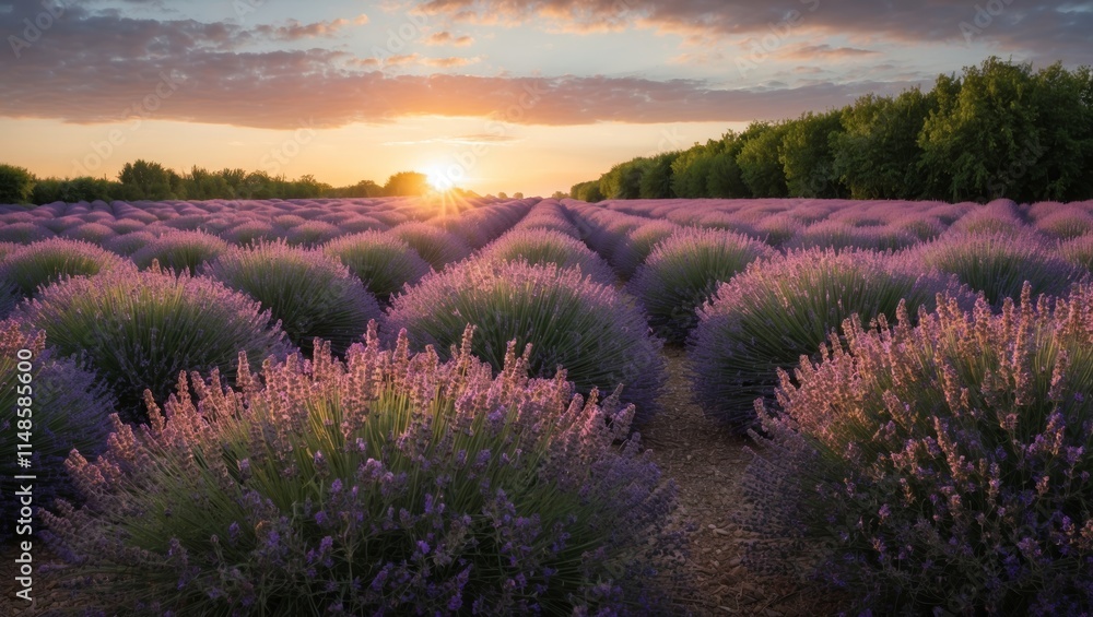 Lavender fields glowing in sunset light Lavender fields glowing in sunset light