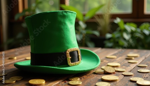 A green leprechaun hat with a black band and gold buckle sits on a wooden table surrounded by scattered gold coins. The background features blurred greenery, suggesting a festive St. Patrick’s Day set photo