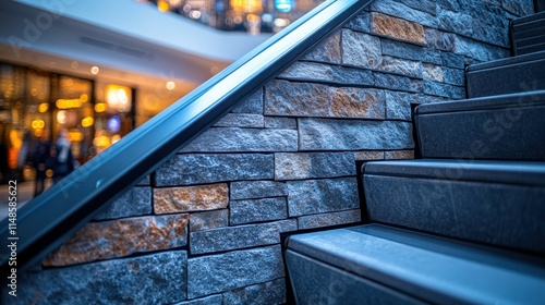 Stone-paved escalator railing showcasing modern design in a lively shopping mall photo